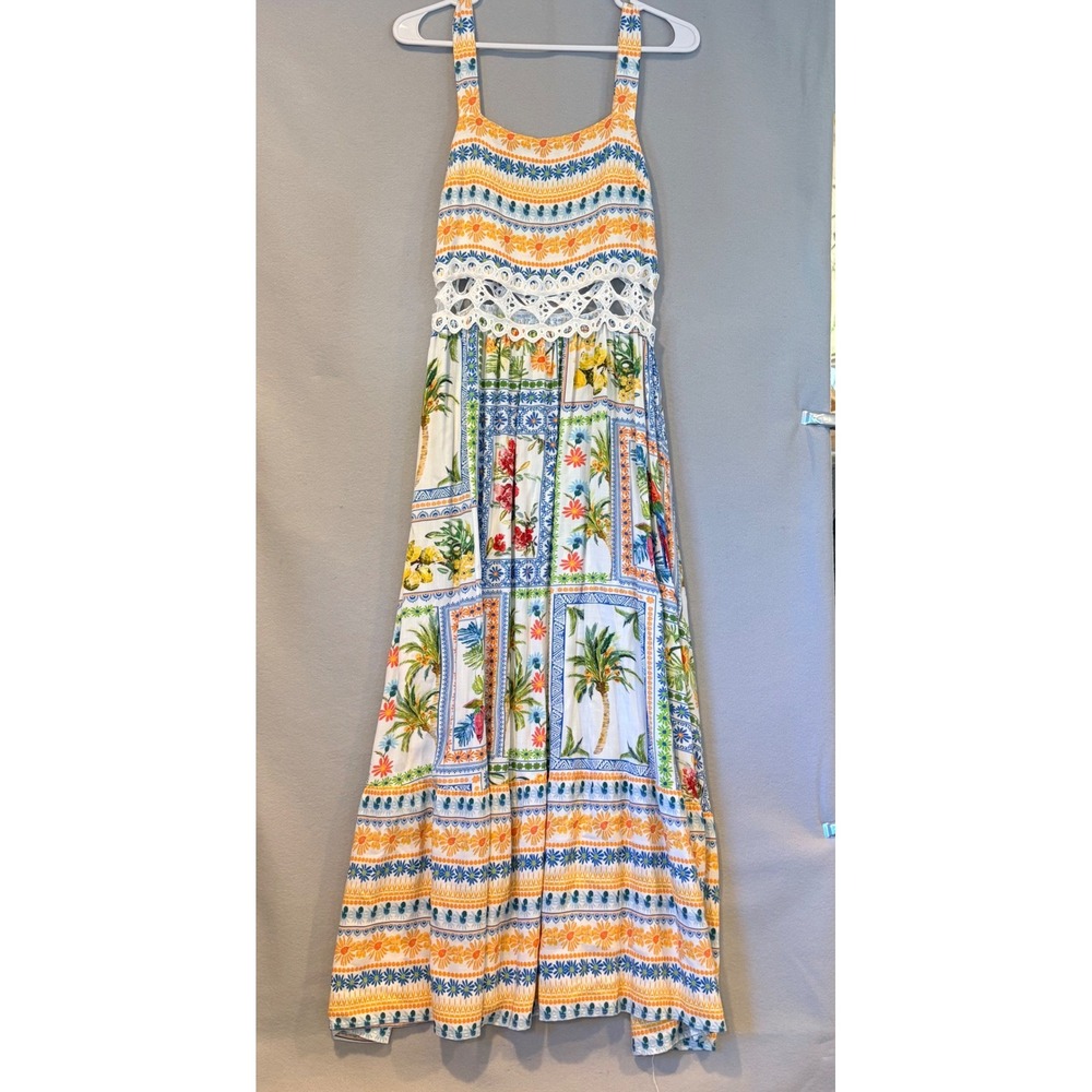 Cupshe Tropical Patchwork Maxi Dress Crochet Cutout Waist Floral Summer Medium